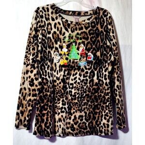 2XL White Stag Cheetah Print Velour Blouse Very Merry Christmouse Disney